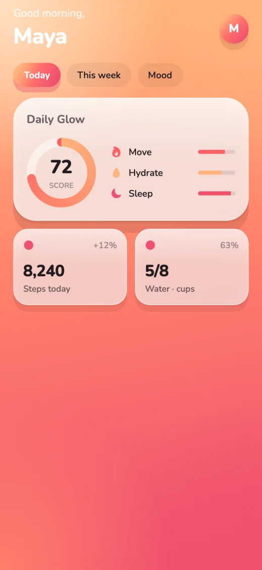 Glow — warm coral wellness app design
