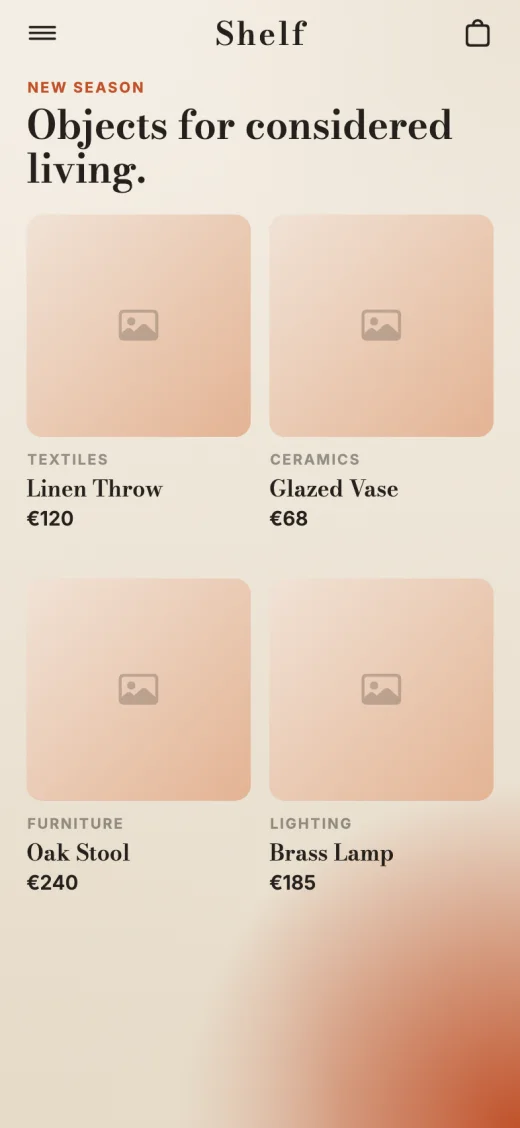 Shelf — cream serif commerce app design