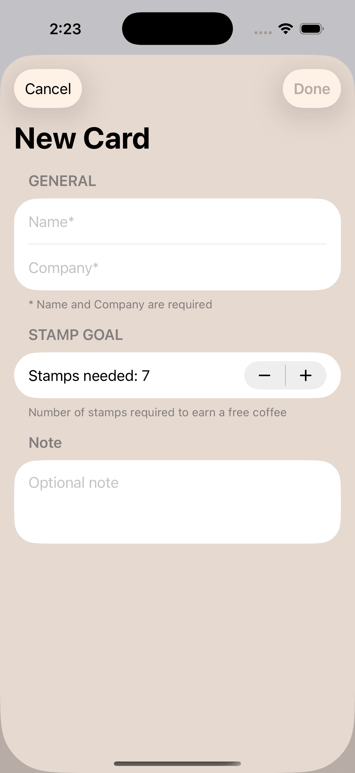 CoffeeStamp — create a card