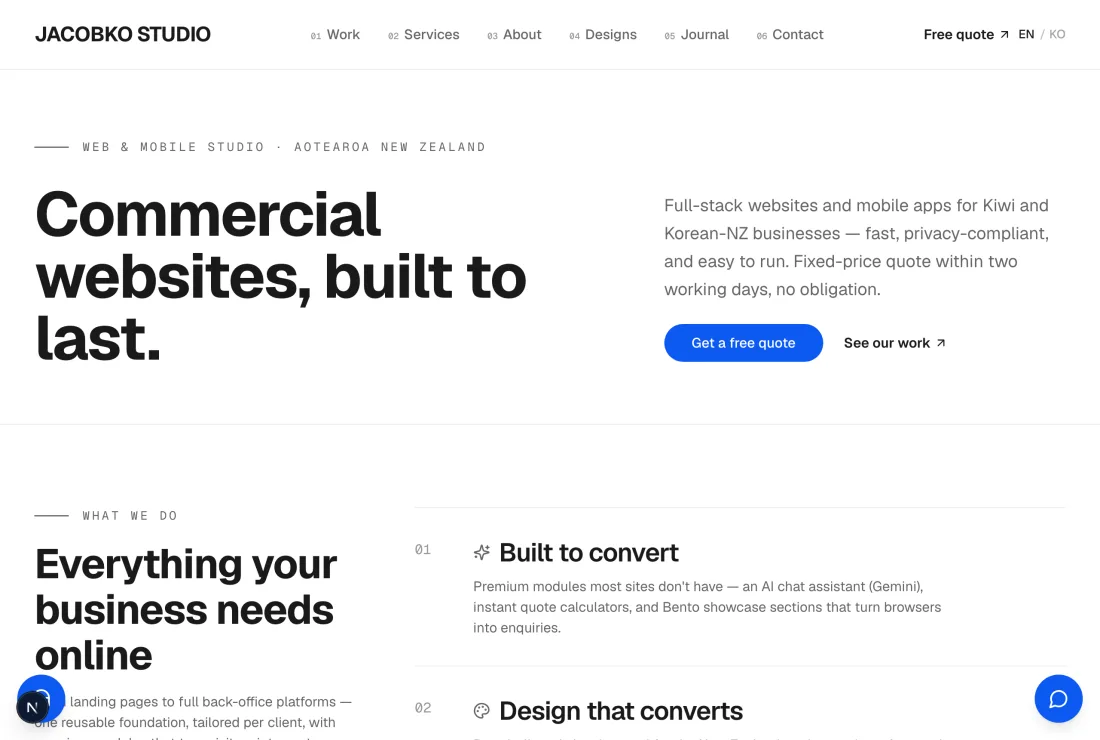 The Jacobko Studio homepage — clean, modern, fast-loading design