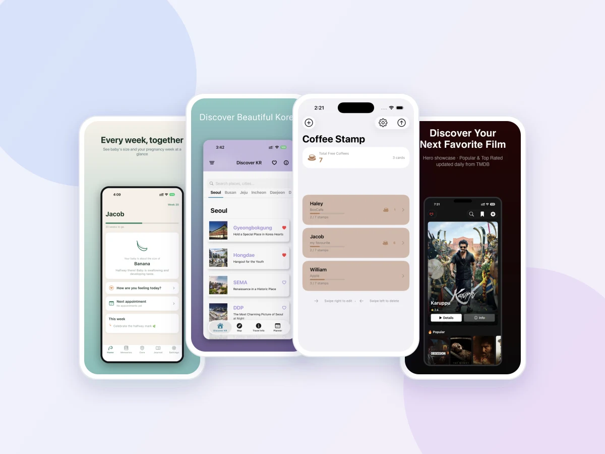 Koru, DiscoverKR and CoffeeStamp apps shown on phone mockups