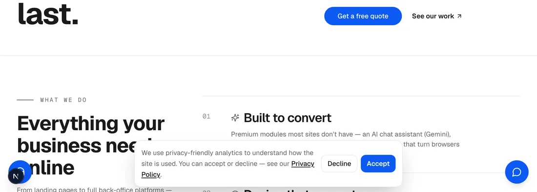 Cookie consent banner offering Accept or Decline for privacy-friendly analytics
